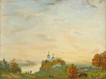 150の主題の芸術作品 Painting - 川の上 秋 ボリス・ミハイロヴィチ・クストーディエフ 計画シーン 風景